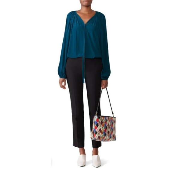 Ramy Brook Paris Poet Blouse Teal Boho Peasant Long Sleeve Top XS Made In USA - Picture 14 of 16